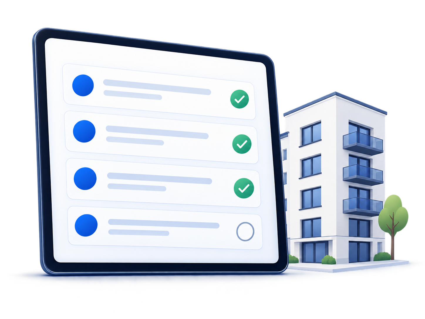 Illustration of a digital apartment handover on a tablet with an apartment building