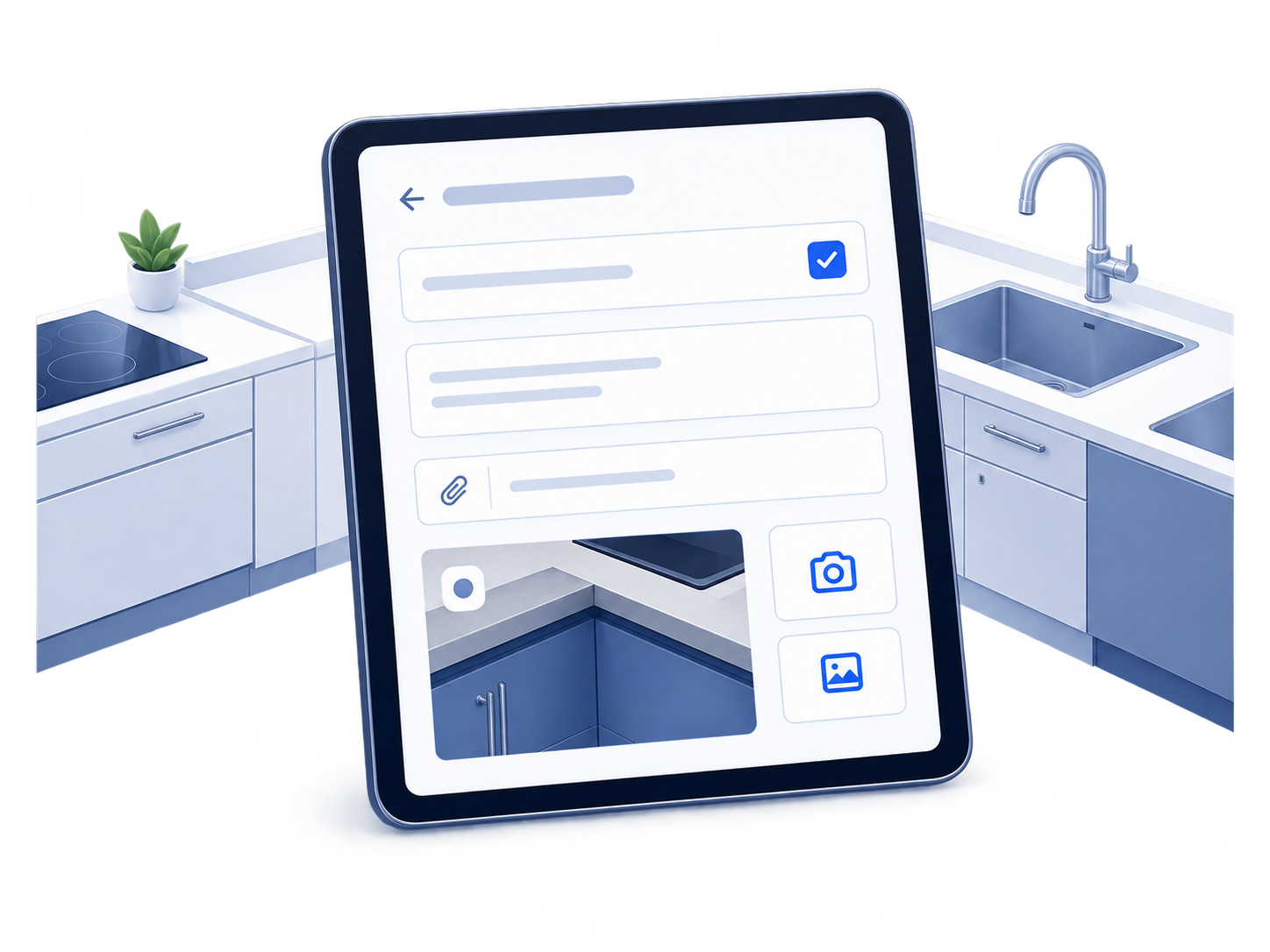 Illustration of issue capture in the kitchen with an evidence photo
