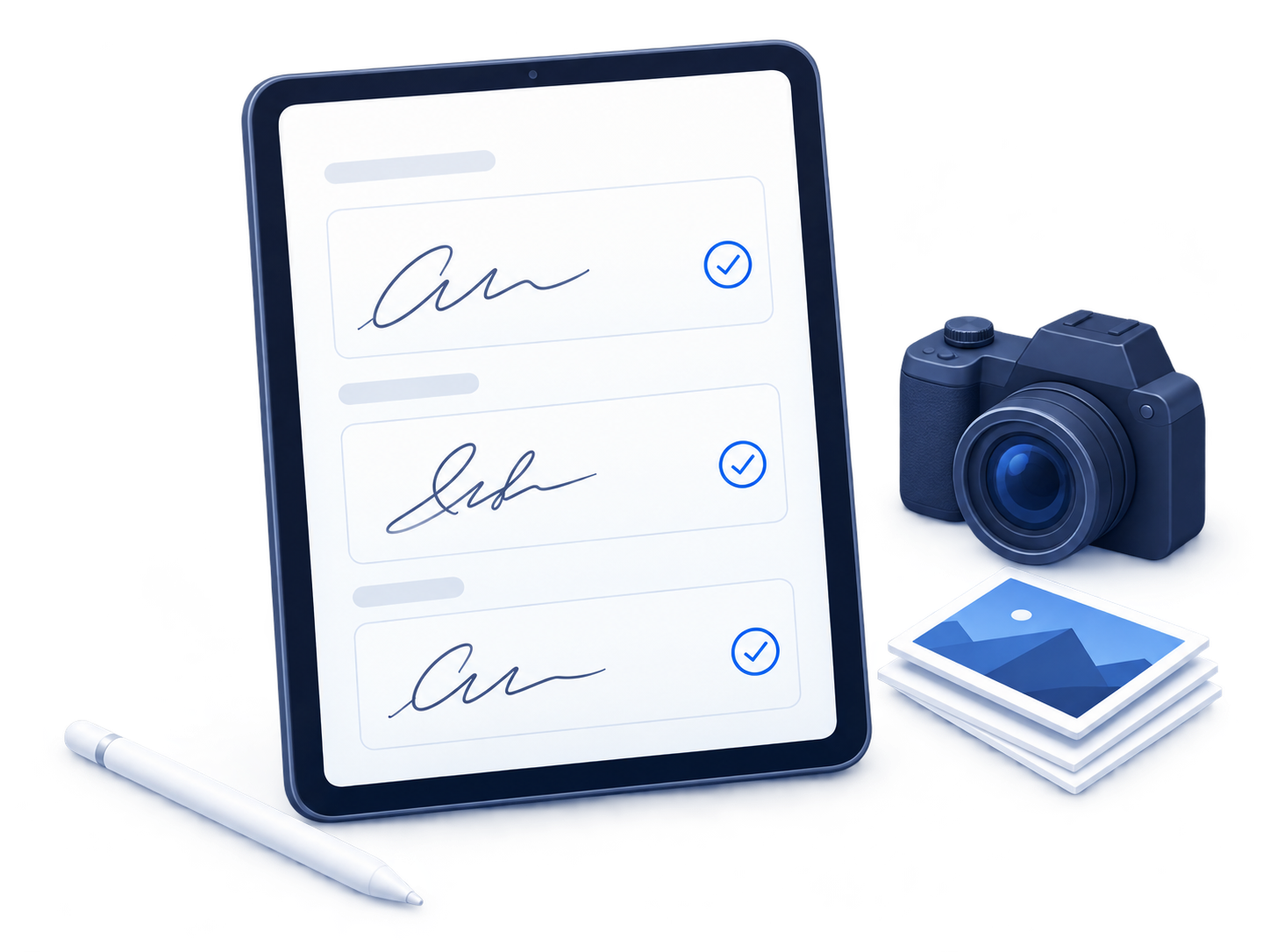 Illustration of signatures on a tablet next to a camera and photos