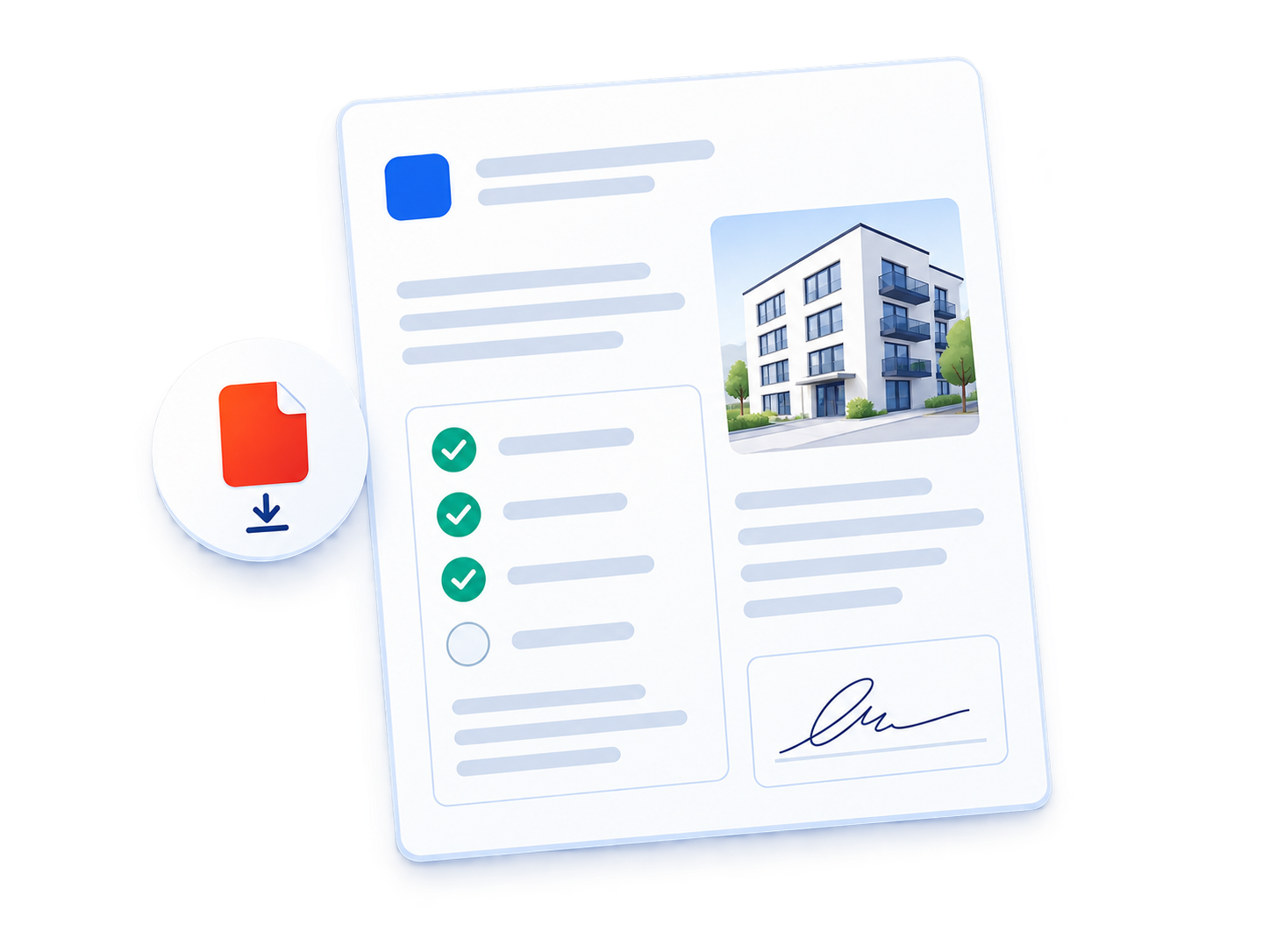 Illustration of a PDF handover report with a building photo and signature