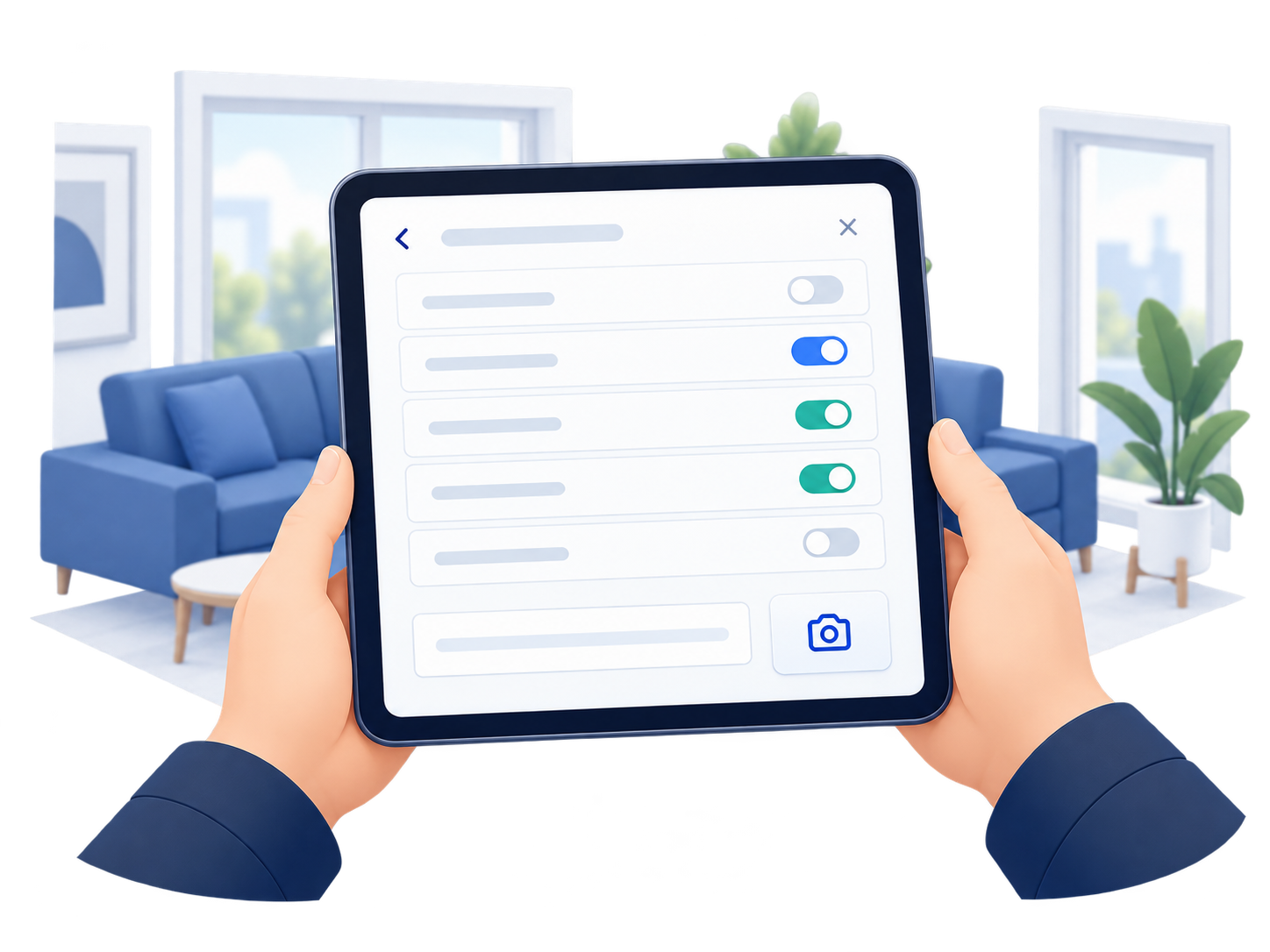Illustration of a tablet being used directly on site in a living room
