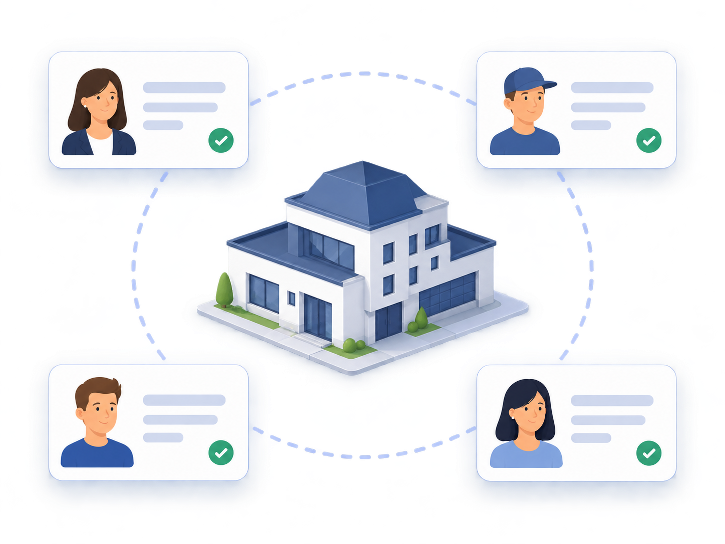 Illustration of a house at the center, surrounded by four user roles